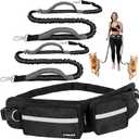 PetAmi Hands Free Dog Leash, Dog Running Leash Belt Bag for Walking, Jogging, Dog Waist Double Zipper Pouch with Poop Bag Dispenser, Dual Padded Handles Reflective Bungee Leash, Double (Black)