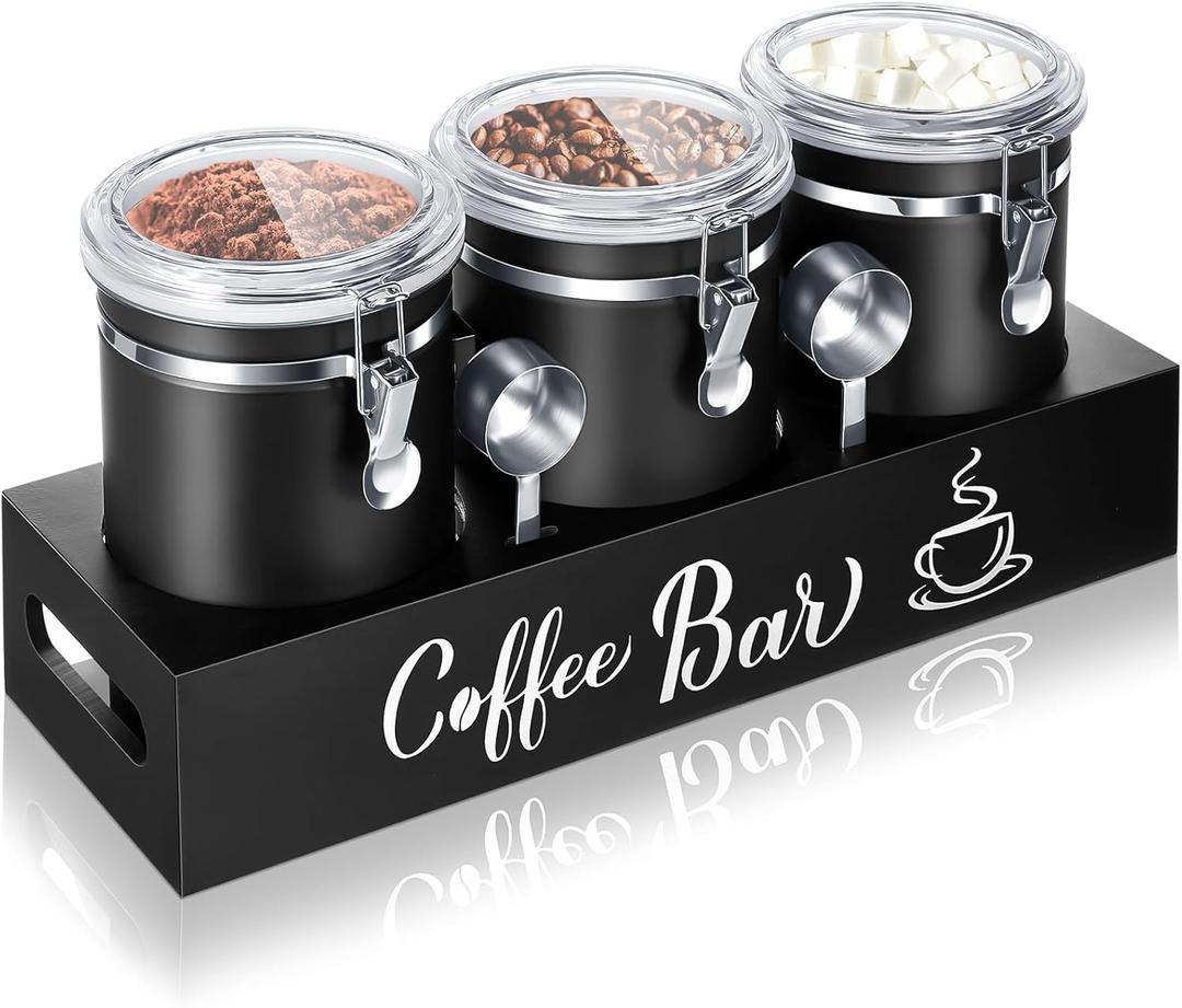 Domensi 3 x 66 oz Airtight Coffee Canisters with Shelf, Coffee Bean Storage Container 304 Stainless Steel Coffee Bean Storage with Airtight Locking Clamp and Scoop, Kitchen Food Storage Jar(Black)