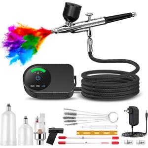 KingMiki Airbrush Kit with Air Compressor, 22/30/50 PSI High Pressure Air Brush Non-Clogging with 0.2/0.3/0.5mm Nozzle/Cleaning Sets, Ideal for Painting, Modeling, Cake Decor, Makeup, Nail Art
