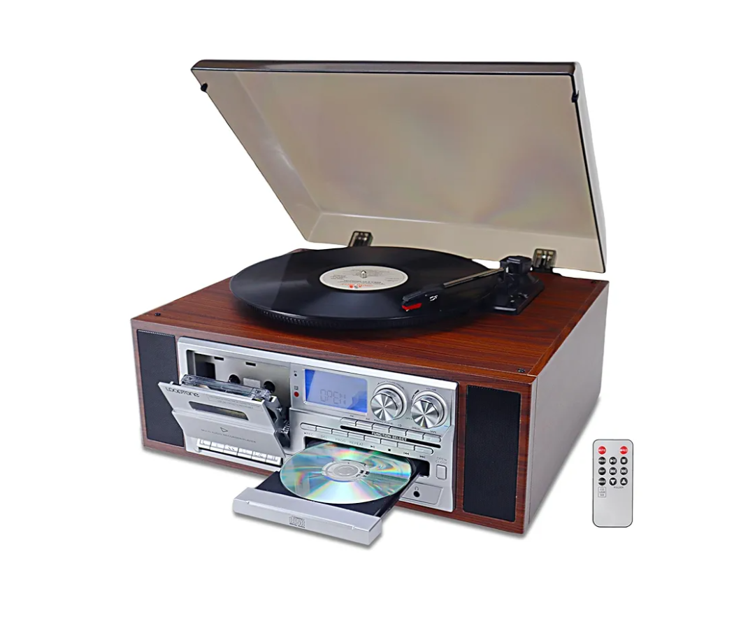 10 in 1 Vinyl Record Player 3 Speed Bluetooth Vintage Automatic Turntable CD Cassette Player AM/FM Radio USB Recorder Aux-in RCA Line-Out (Silver)