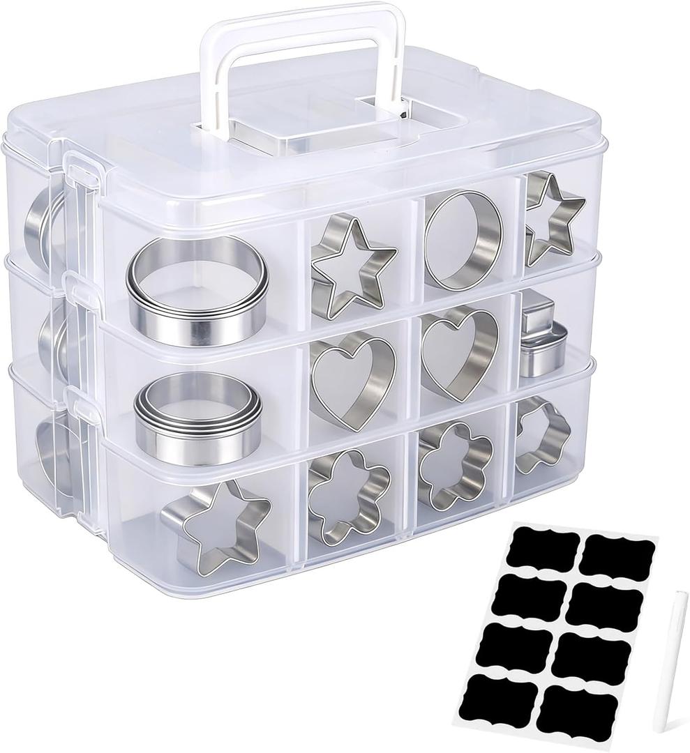 3 Tier Cookie Cutter Tool Storage Box,Cake Decorating Supplies Accessories Bins,Baking Storage Containers,Transparent Dustproof Lid,biscuits Cutter Organizer Storage & 8 Adjustable Compartment