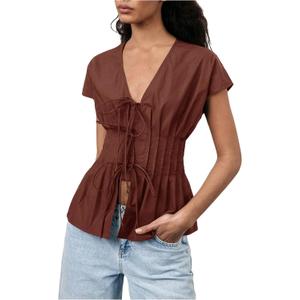 SHENHE Women's Dressy Casual Peplum Blouse Pleated Cinched Waist Short Sleeve Blouse Top, Burgundy (M)