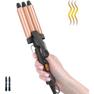 Crimper Hair Tool for Short Hair, 1/2 Inch Mini Crimper for Tight Beach Waves, Mini 3 Barrel Curling Iron with Argan Oil Infused, Beach Waves Curling Iron, Easy to Use