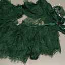 Lilosy Sexy Stocking Rhinestones Heart Garter Underwire Floral Mesh lace Sheer Babydoll Lingerie Teddy Bodysuit Skirt Set (Dark Green) XL