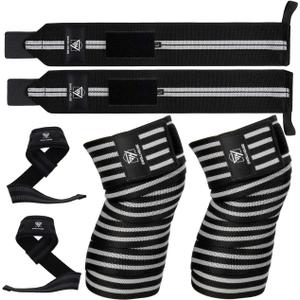 SWOLLHOUSE Knee Wraps + Wrist Wraps + Weight Lifting Straps Bundle (3 Pairs) for Weightlifting Bodybuilding Strength Training Workout Gym, Fitness Protective Set for Men & Women
