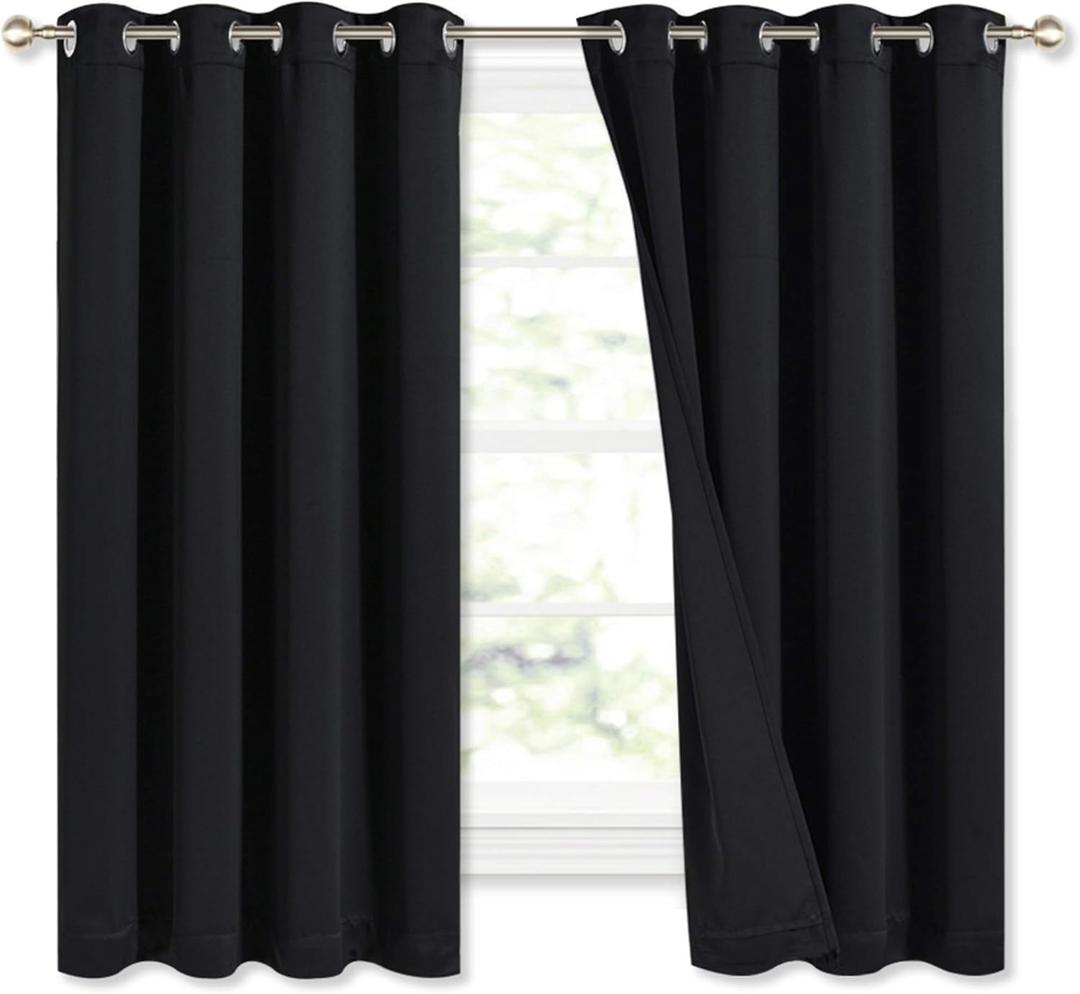 NICETOWN Complete 100% Blackout Curtains, Thermal Insulated Energy Efficiency Window Draperies with Black Liner, Noise Reducing Short Curtains for Kids Room (Black, 52-inch W by 63-inch L, 2 Panels)