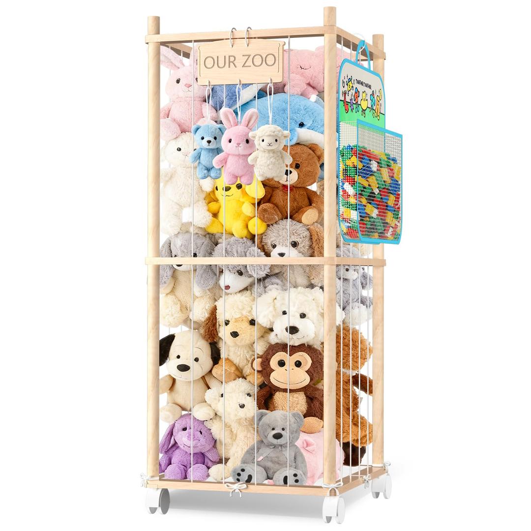 DUOQNY Stuffed Animal Storage, Wood Plush Toy Storage Organizer, Large Capacity Toy Cage with DIY Plaque Hang Small Objects, Gift for Nursery Playroom Kidroom Bedroom (54-Inch)