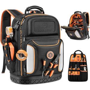 Tool Bag Backpack, 75 Pockets & Loops Heavy Duty Tools Organizer Bags/HVAC Tool Carrier for Eelectrician/Construction Work with Molded Base and Combination Lock, Large, Black and Orange