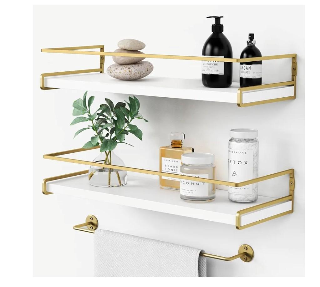 Forbena Floating Bathroom Shelves Wall Mounted, Aesthetic White and Gold Shelves for Bathroom Accessories, Modern Bathroom Organizer with Tower Bar for Wall Decor Storage Small Spaces, Set of 2