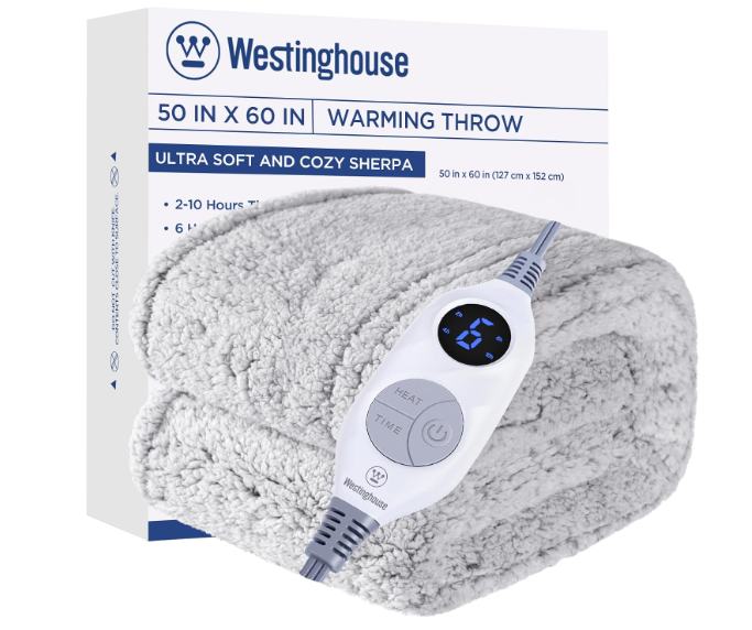 Westinghouse Electric Blanket Throw Size, Soft Plush Sherpa Heated Blanket with 6 Heating Levels & 210 Hours AutoOff, Machine Washable, 50x60 inches, Charcoal