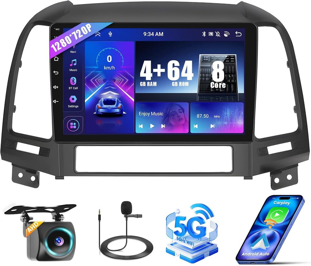 [8 Cores 4+64G] Radio for Hyundai Santa Fe 2006-2012, 9'' HD Touchscreen for Santa Fe Stereo with Wireless CarPlay /1280 * 720/GPS Navigation/WiFi/Mirror Link/Bluetooth5.0 + Backup Camera