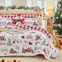 Joyreap 2pcs Christmas Quilt Set Twin, Classic Santa Reindeer Red n White Reversible Xmas Design, Lightweight Microfiber Bedspread Coverlet for All Season- 68x88 inches