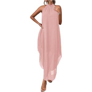 Verdusa Women's Fall Formal Wedding Guest Dress Halter Flowy Sleeveless Asymmetrical Holiday Dresses (Medium, Light Pink)