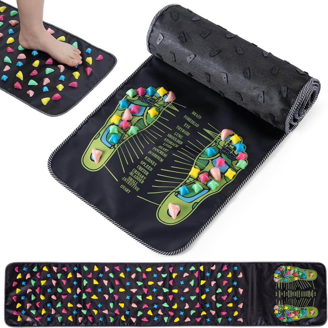 Foot Massage Mat, Reflexology Walk Stone Road Acupressure Mat with Chart, Feet Pressure Point Mat for Long Sitting Elderly Students and Office Workers (68.9 x 13.78 Inches)