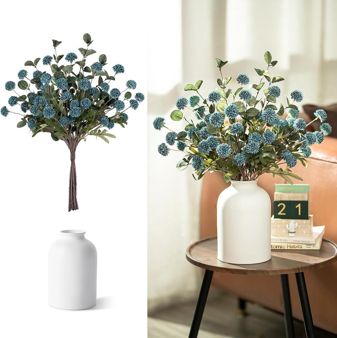 BLOSMON Blue Flowers Artificial for Decoration: Ceramic Vase with 12 Stems of Fake Mums Eucalyptuses Blue Centerpieces for Tables Decor - Faux Silk Pom Poms Floral Arrangement in vase for Living Room