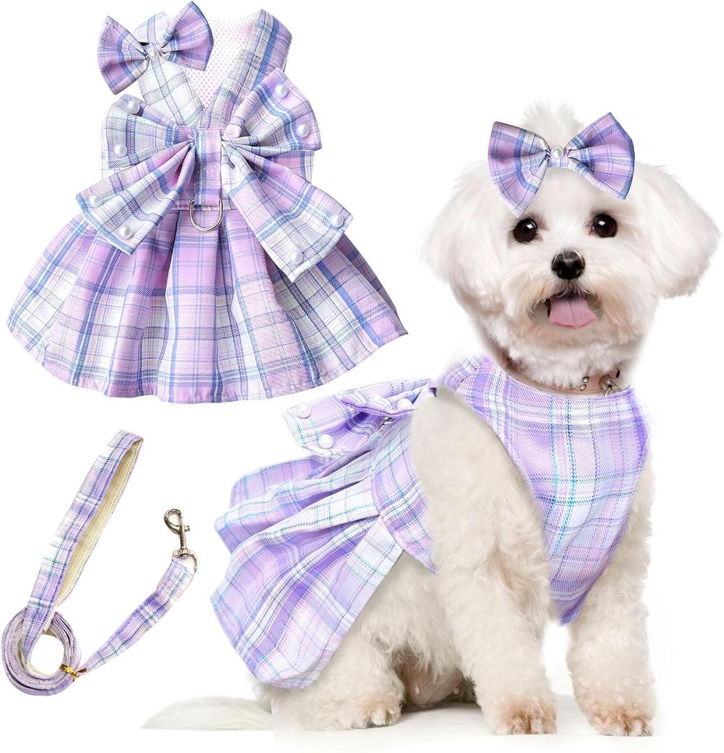 PETCARE Cute Dog Dress Clothes for Dogs Cats Girl Female Purple Plaid Bow Tie Dog Harness Dresses Leash Set with Pearls Bow Accessories Birthday Puppy Dress Shih Tzu Yorkies Chihuahua Outfits, Size: L (Suggest 8-13 lbs)