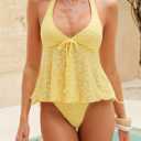 ZAFUL Tankini Swimsuits for Women V Neck Textured Knot Tie Ruffle Trim Bikini Swimsuit Tie Side 2 Pieces Bathing Suit (Yellow, M)