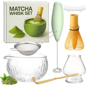 Matcha Whisk Set with Matcha Bowl - Matcha Set Included Electric Frother, Bamboo Whisk, Matcha Spoon, Bamboo Holder, Sifter, Spoon Stand (Clear Glass)
