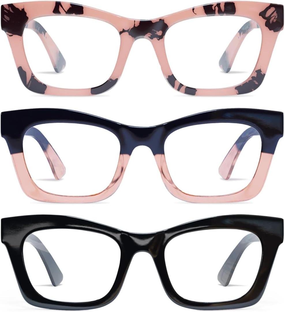 Hubeye 3 Pack Oprah Style Reading Glasses for Women Men Blue Light Blocking Computer Square Readers with Spring Hinge and Glasses pouch 1.00 (Black/Blackpink/Pink Leopard)