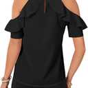 Rooscier Women's Cold Shoulder Tie Knot Round Neck Short Sleeve Ruffle Blouses Shirts Top (XS, Black)