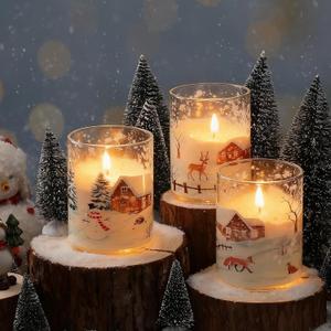 3 Pcs Christmas Votive Candle Holders with Snowy Farmhouse Snowman Decoration Xmas Glass Tealight Candle Holders for Table Centerpiece Fireplace Home Ornaments Wedding Party Indoor Decor
