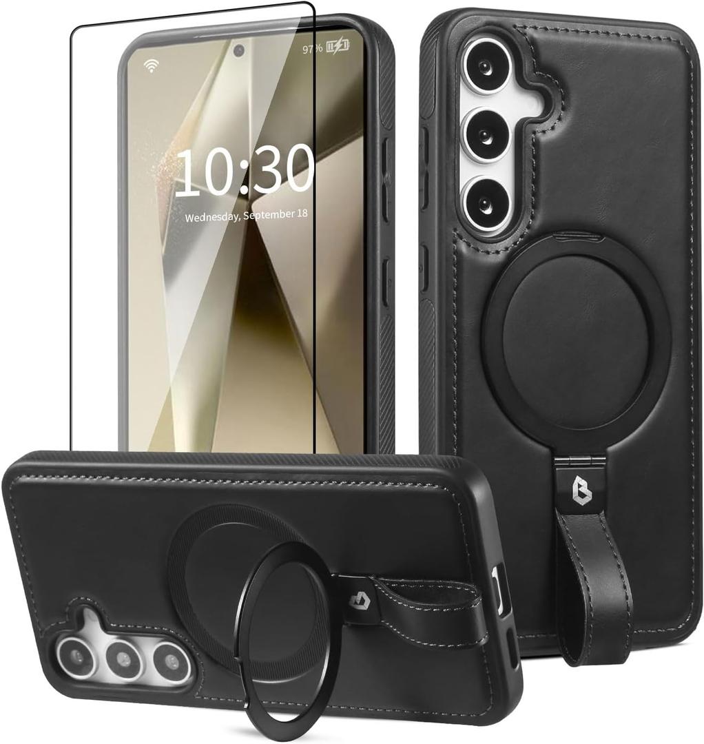 Samsung Galaxy S25 Case with Stand, Anti-Slip Shockproof Ring, Compatible with MagSafe, Magnetic Protective Holster with Camera Lens and Screen Protector (Black, S25)