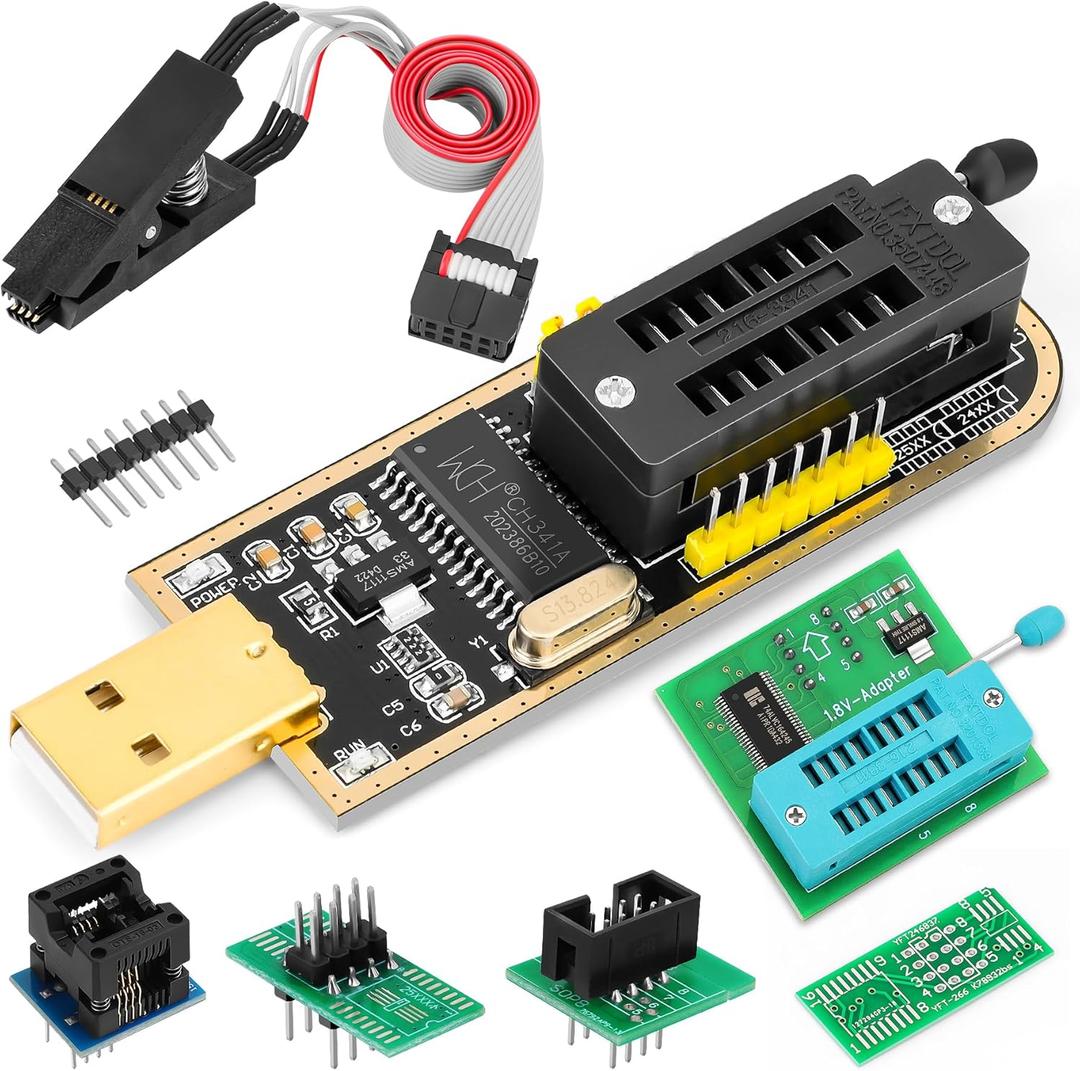 EEPROM BIOS USB Programmer Kit CH341A Programmer +1.8V Adapter & SOIC8 Clip & SOP8 to DIP8 Adapter, for 24 25 Series Flash (Basic Class)