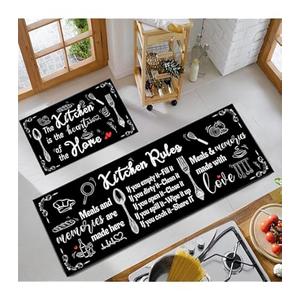 Black and White Kitchen Rugs,Non Skid Washable Microfiber mats for Kitchen Floor, Kitchen Rules Theme Cushioned Runner Rug Decor Sets of 2,Size 17"x 47"+17"x 30"