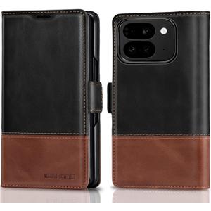 KEZiHOME Case for Google Pixel 10 Pro Fold, Genuine Leather Wallet Case with Card Slot[RFID Blocking] Kickstand Magnetic Filio Protective Phone case for Pixel 10 Pro Fold (Black/Brown)