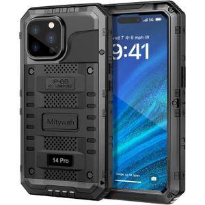 Mitywah Waterproof Case for iPhone 14 Pro, Heavy Duty Shockproof Case with Built-in Screen Protector, Full Body Underwater Protective Metal Case 6.1 inch, Black