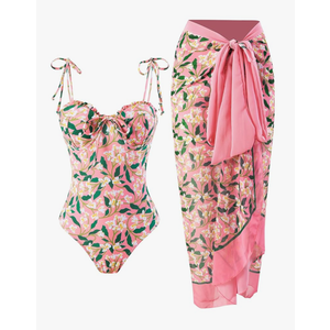 Womens One Piece Swimsuit with Cover Up Sarong Wrap Floral Bathing Suits 1 Piece Swim Suit with Beach Cover Up Set, L