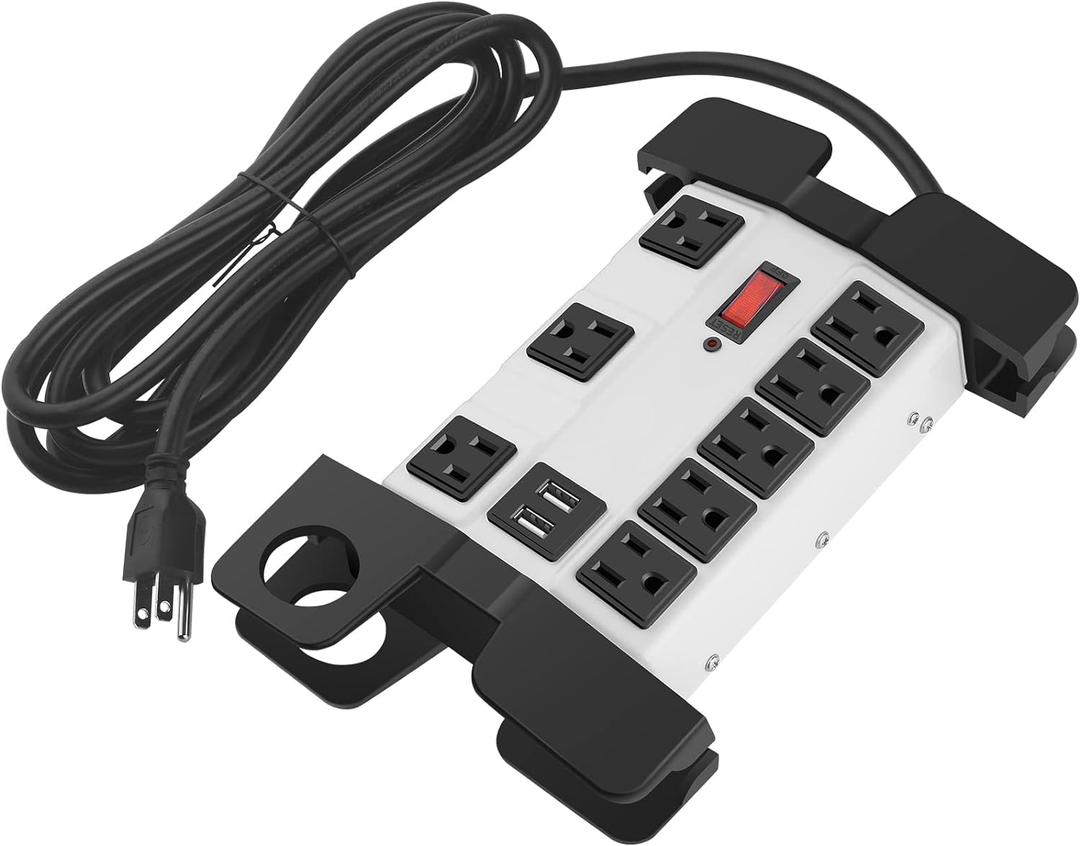 Heavy Duty Power Strip with USB, Workshop 8 Outlet Surge Protector 2700 Joules, Grey Industrial Metal 15Amp Power Strip, 10FT Extension Cord and Wide Spaced (6FT)