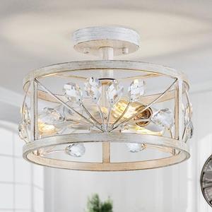 WUZUPS Crystal Leaf Chandelier 3-Light Vintage Farmhouse Industrial Semi-Flush Mount Ceiling Light Lighting Fixture for Foyer Hallway Storage Room Kitchen Bathroom, H 8.5" W 12", Antique White