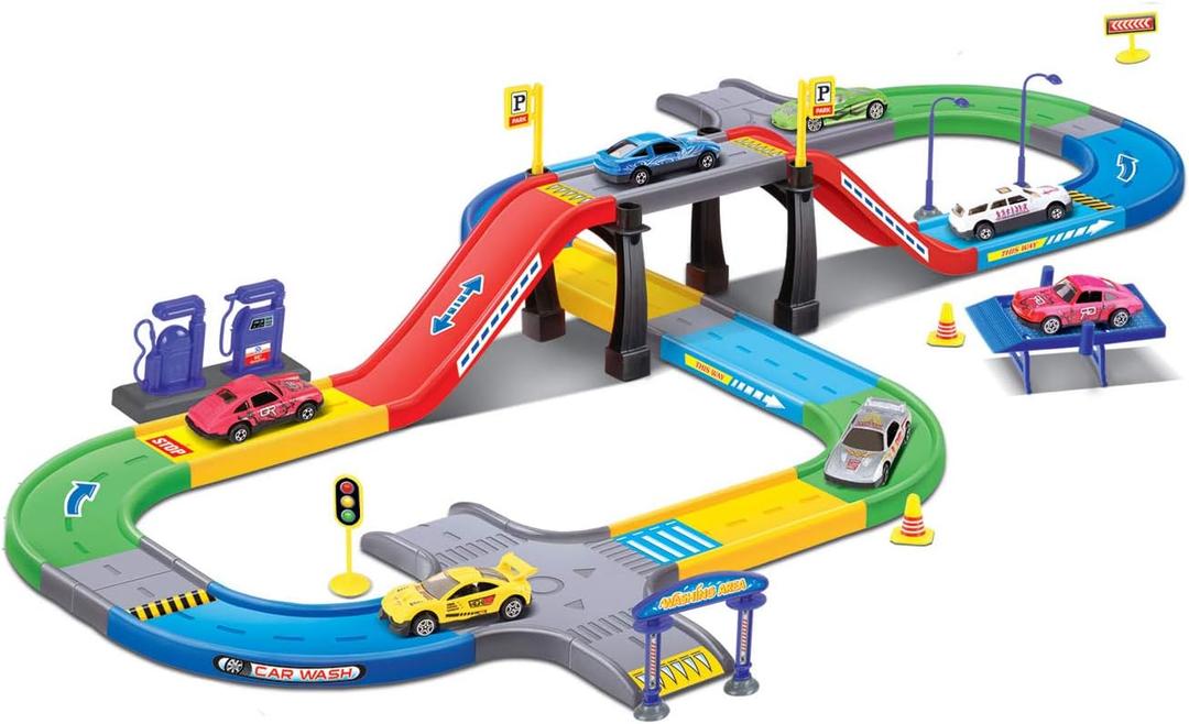 My First Speed Racing Assembly Track Builder Toy Playset - Starter Kit with 6 Diecast Cars, Accessories for Kids