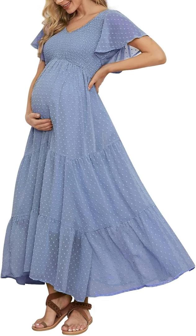 Swiss Dot Smocked Maternity Dress for Baby Shower Photoshoot Casual V Neck Ruffle Sleeve Empire Waist Tiered Boho Dress (Medium)