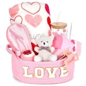 12 Pcs Valentine's Day Woven Basket Gift Set Romantic Spa Relaxation Basket Set for Her Self Care Package with Heart Blanket Socks Bath Salt Ball Glass Cup Bear for Women Girlfriend Wife Mom (Pink)