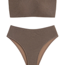 ZAFUL Women's High Cut Bandeau Bikini Set Strapless Solid Color 2 Pieces Bathing Suit Swimsuit, S, 7-brown