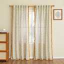 MYSKY HOME Floral Boho Linen Curtains 84 Inch Long 2 Panels Set with Yellow Tassels Farmhouse Vintage Semi Sheer Bohemian Living Room Bedroom Window Curtains Rustic Country Back Tab, 50"W, Green Leaf