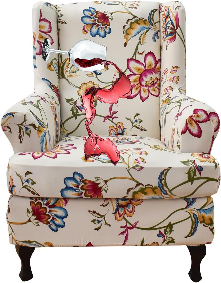 CRFATOP Waterproof Wing Chair Slipcovers 2 Piece Stretch Wingback Chair Cover Spandex Fabric Wingback Armchair Covers with Elastic Bottom for Living Room Bedroom Wingback Chair