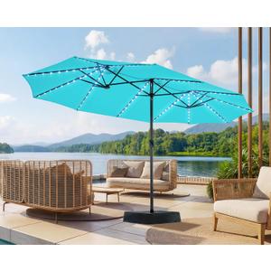 SUPERJARE 15ft Large Patio Umbrella with Base included, Double Sided Outdoor Umbrella with Solar Lights, Pool Umbrella with Fade Resistant Canopy for Deck, Porch, Yard, Balcony, Light Blue