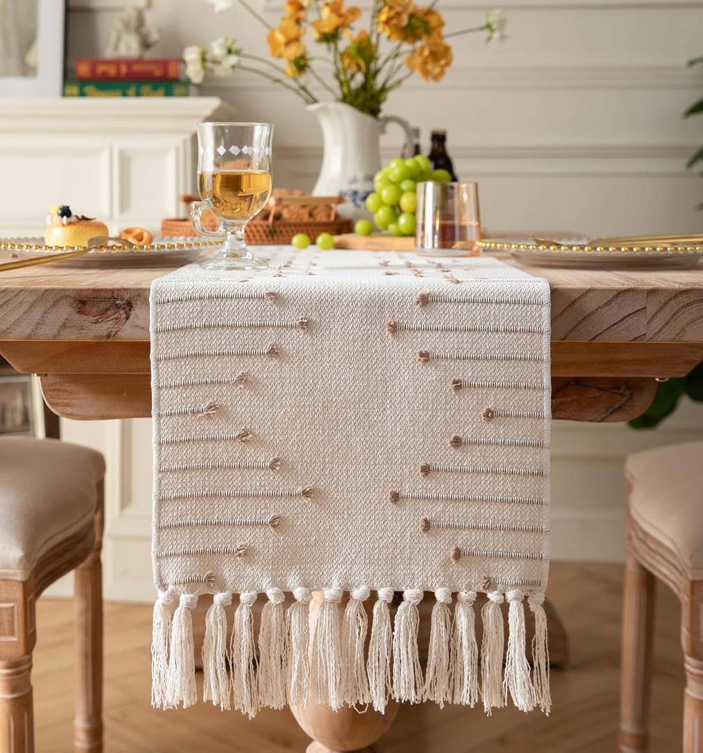 Boho Table Runner 13 x 108 Inch Long Natural Cotton Woven Runner with Tassels for Home Dining Table dcor, for Modern Farmhouse Decor Coffee Table Runner, Taupe and Beige