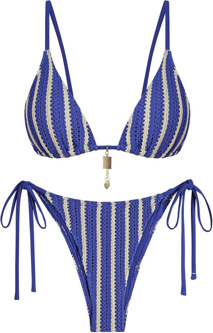 ZAFUL Crochet Bikini Sets for Women Cheeky Boho Bathing Suits Striped Brazilian High Cut Thong Bikini Swimsuit for Vacation (S)
