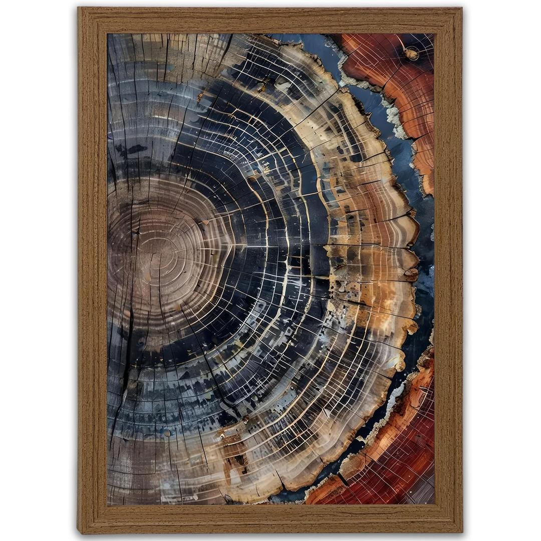 LSXARTQQ Tree Ring Wood Frame Wall Art, Rustic Wabi Sabi Canvas Wall Decor, Navy Blue Orange Gray Wood Grain Nature Art for Living Room Bedroom Bathroom Home Decor (16x24 Inch)