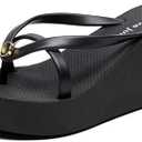 Women's Thong Wedge Platform Slides Sandals Fashion Comfort Open Round Toe Slip On Anti-Slip Chunky Heel Flip Flops Summer Pool Party Beach Walking Sandals (5, Black)