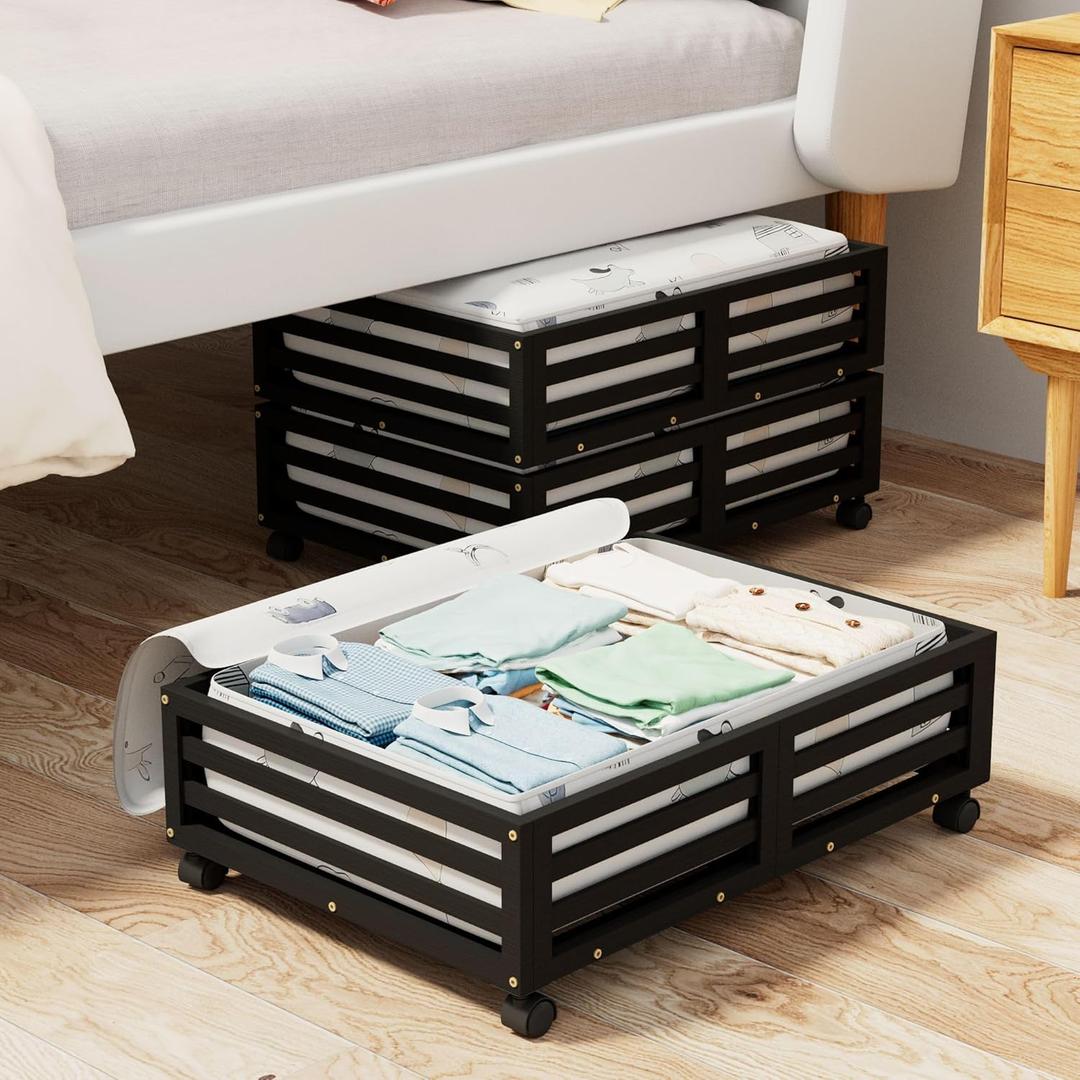 Bamboo Under Bed Storage Containers- Underbed Organizer with Wheels with Large Capacity Dust Bag,Sturdy Wood Rolling Under Bed Shoe Storage Organizer 2 Packs (Black, 2 Packs (23.62"16.54"))