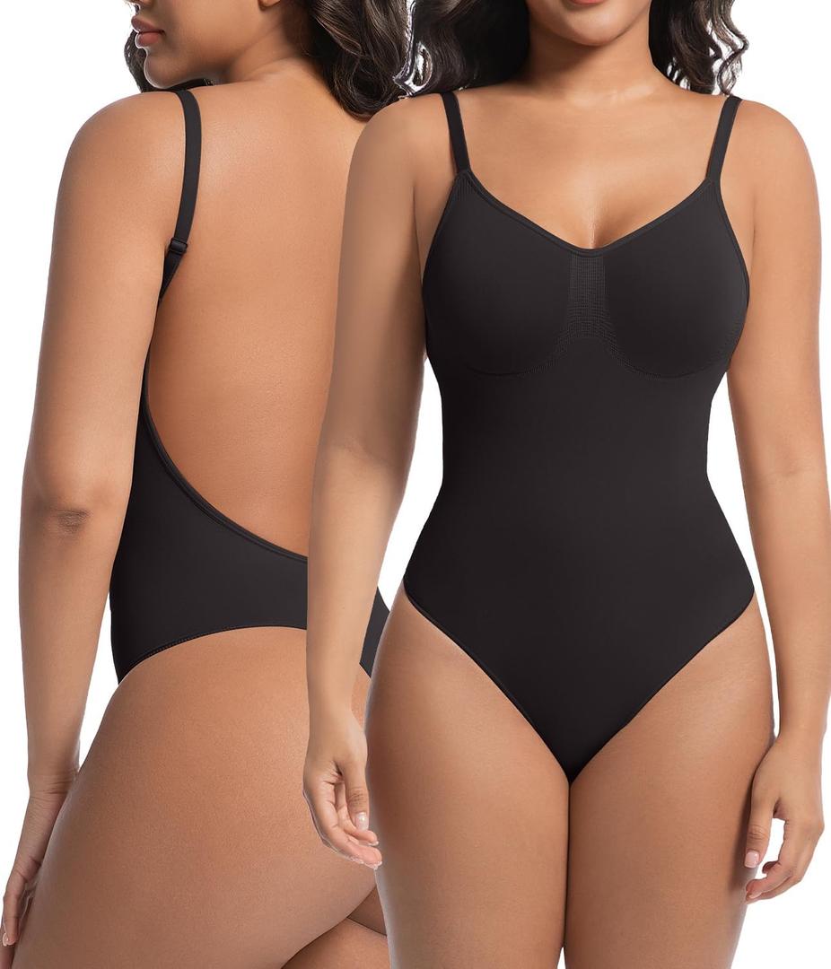 Backless Thong Shapewear for Women with Tummy Control, Seamless Sculpting Bodysuit for Workouts and Daily Wear (Small-Medium, Black)