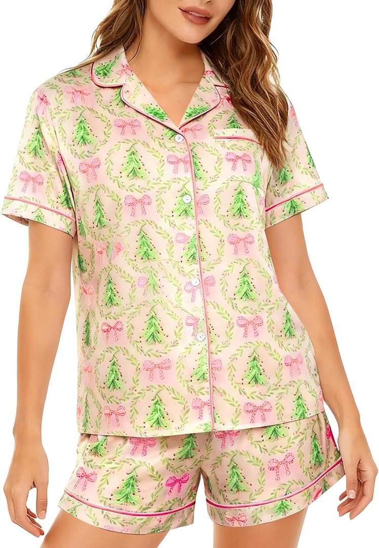 ASTANFY Silk Satin Pajama Set Womens Silk Satin 2 Piece Pjs Shorts Sleepwear Christmas Button Down Shirt Bride Pj Lounge Sets (L)