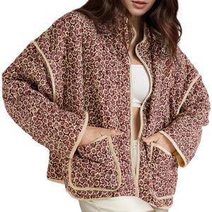 Wyeysyt Women's Cropped Puffer Jacket Lightweight Floral Print Long Sleeve Padded Quilted Puffy Cardigan Coat (Red), S