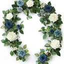 PONATIA 5FT Handcrafted Artificial Rose Flower Garland, Dusty Blue Flowers Greenery Garland for Wedding Ceremony Garlands Backdrop Arch Flowers, Ceremony Reception Table Decorations
