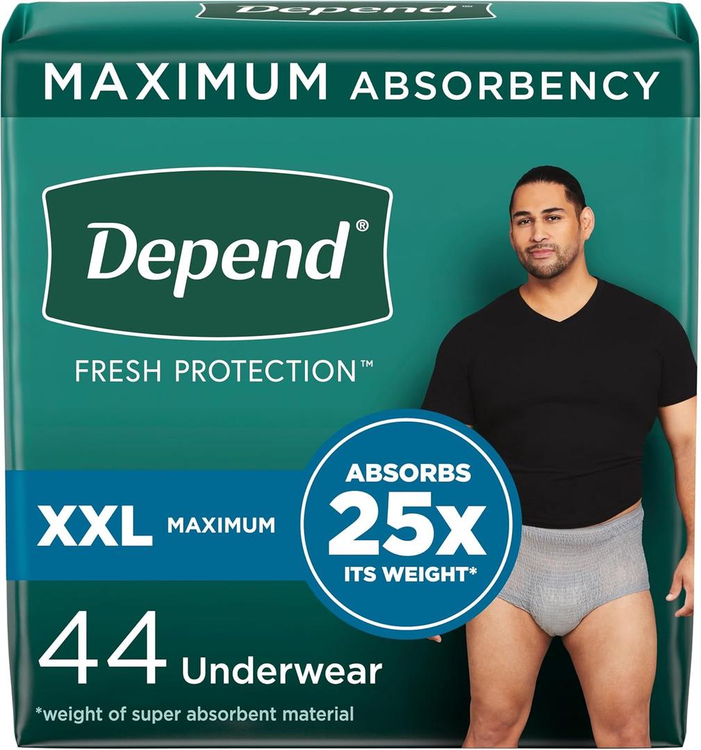 Depend Fresh Protection Adult Incontinence Underwear for Men, Disposable, Maximum, Extra-Extra-Large, Grey, 44 Count (2 Packs of 22), Packaging May Vary (XX-Large)